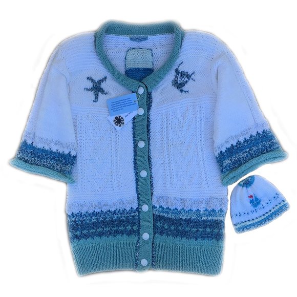 New! Handknit Mommy & Mini White Aqua Shades Seahorse Cardigan & Hat from NKS - Picture 2 of 9